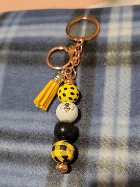 Yellow and Black Bee Bead Keyring with Tassel
